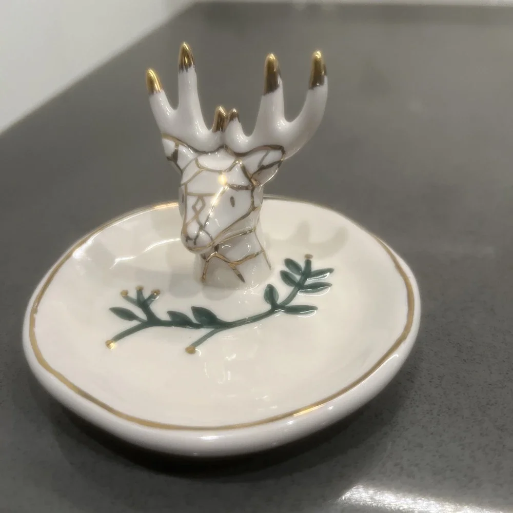 NEW-heather goldminc blue sky ceramic ring/pin tray/dish stag/rein deer/hart